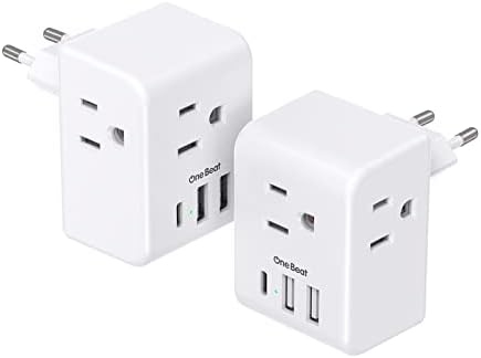 2 Pack European Travel Plug Adapter, One Beat International Power Adapter with 3 Outlets 3 USB Ports(1 USB C), Type C Plug Adaptor for US to Europe Italy Spain France Germany Iceland Travel Essentials