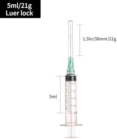 100Pack Disposable 5ml Syringe with 21G 1.5inch Needle Lab Supplies, Individually Packaged