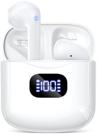 Wireless Earbuds Bluetooth 5.3 Headphones, 40Hrs Playback Stereo Ear Buds with LED Display Charging Case IPX7 Waterproof in-Ear Earphones with Mic for Phone Tablet Laptop Sports, White