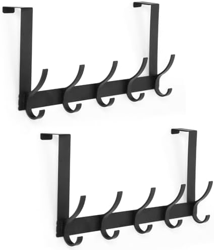 Over The Door Hooks, Door Hanger Hooks for Hanging, Over The Doors Towel Racks for Bathroom with 10 Coat Hook, Coat Rack Bathroom Accessories(2 Pack, Black)