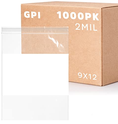 GPI Case of 1000 9" X 12" Clear Plastic Reclosable Zip Bags - Bulk 2 Mil Thick Strong & Durable Poly Baggies with Resealable Zipper Top Lock & Write-on White Block, for Storage, Packaging & Shipping
