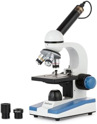AmScope M150 Series Portable LED Monocular Student Compound Microscope - 40X-1000X Magnification - Microscope Kit Includes Dust Cover, 2 Clips & 2 Eyepieces