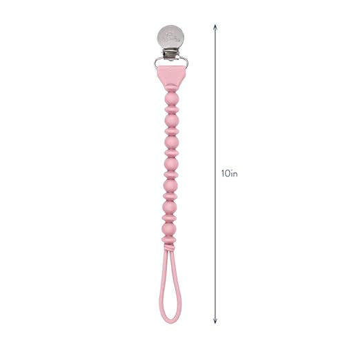 Itzy Ritzy Silicone Pacifier Clip; 100% Food Grade Silicone Pacifier Strap with Clip Keeps Pacifiers, Teethers & Small Toys in Place; Features One-Piece Design & Cord (Pink with Silver Clasp)