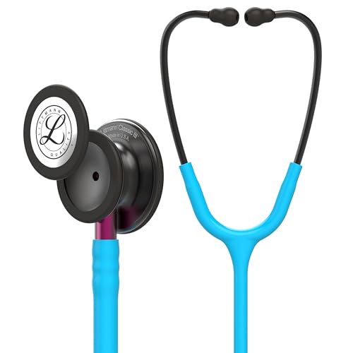 3M Littmann Classic III Monitoring Stethoscope, 5872, More Than 2X as Loud, Weighs Less, Stainless Steel Smoke-Finish Chestpiece, 27" Turquoise Tube, Pink Stem, and Smoke Headset