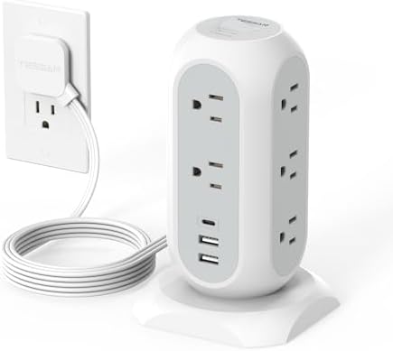 Tower Power Strip Flat Plug with 11 Outlets 3 USB (1 USB C), TESSAN Surge Protector Tower 1625W/13A,1050J Protection, 6 Feet Extension Cord with Multiple Outlets, Office Desk Supplies, Dorm Essentials