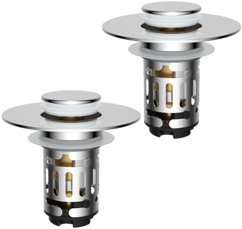 Hibbent 2 Pack 3 in 1 Bathroom Sink Drain Strainer, Universal Pop Up Stopper with Removable Stainless Steel Filter Basket Hair Catcher, Sink Plug for 1.1''~2.36'' Basin, Brass Bullet Core, Chrome