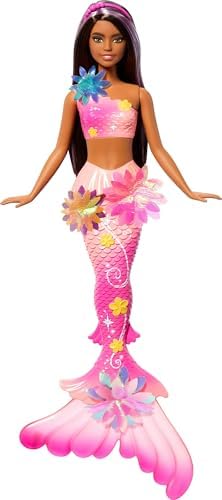 Barbie Mermaid Toy Dolls with Surprise Magic Blooming Flowers Feature, Ombre Tails, Pearl Headband Accessory & Long Brown Hair with Purple Highlights