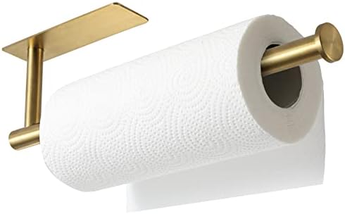 theaoo Gold Paper Towel Holder for Kitchen, Adhesive Under Cabinet Paper Towel Roll Rack for Bathroom Towel, Wall Mounted Matte Black, SUS304 Stainless Steel