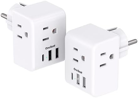 2 Pack Germany France Travel Plug Adapter with 3 Outlets 3 USB Charging Ports(1 USB C), Type E/F International Power Adapter, Travel Essentials US to Europe France Germany South Korea Netherlands