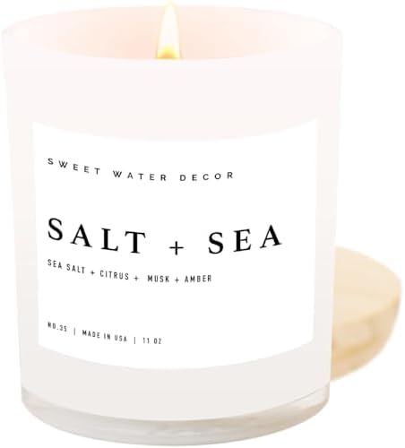 Sweet Water Decor Salt and Sea Candle - Sea Salt, Citrus, Amber, Musk, Beach Scented Soy Candles for Home - 11oz White Glass Jar + Wood Lid, 50+ Hour Burn Time, Made in the USA
