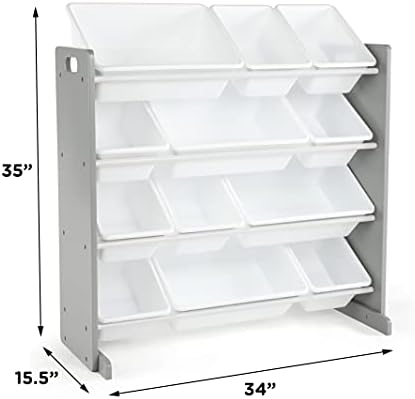 Humble Crew Kids Toy Storage Organizer with 12 Plastic Bins, Grey/White – Removable Bins for Playroom, Bedroom, Toddler Furniture for Boys and Girls Ages