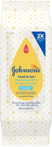 Johnson's Baby Head-to-Toe Gentle Baby Cleansing Cloths, Hypoallergenic and Pre-Moistened Baby Bath Wipes, Free of Parabens, Phthalates, Alcohol, Dyes and Soap, 15 ct (Pack of 4)