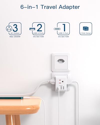 2 Pack Switzerland Travel Plug Adapter, Swiss Outlet Adapter with 3 Outlets 3 USB Charging Ports(1 USB C), Type J Power Adapter, Travel Essentials US to Switzerland, Rwanda, Liechtenstein