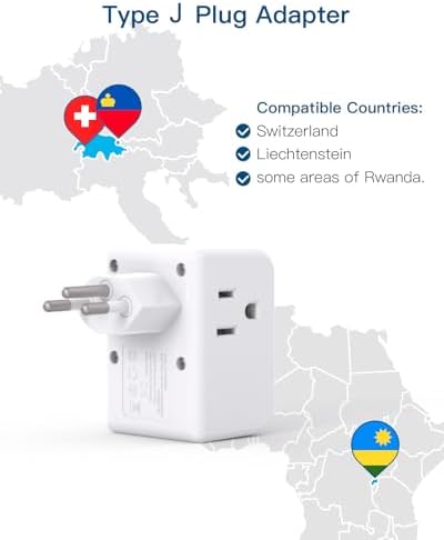 2 Pack Switzerland Travel Plug Adapter, Swiss Outlet Adapter with 3 Outlets 3 USB Charging Ports(1 USB C), Type J Power Adapter, Travel Essentials US to Switzerland, Rwanda, Liechtenstein