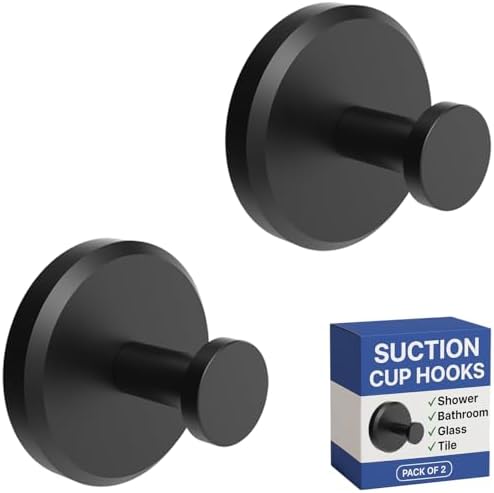 HOME SO Suction Cup Hooks for Shower, Bathroom, Kitchen, Glass Door, Mirror, Tile – Loofah, Towel, Coat, Bath Robe Hook Holder for Hanging up to 15 lbs – Waterproof & Rustproof, Matte Black (2-Pack)