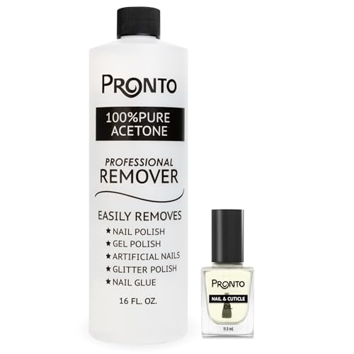 Pronto 16 Oz Acetone Nail Polish Remover and Nail Cuticle Oil Duo, 100 Percent Pure Acetone for Natural, Gel, Acrylic Nails, Cuticle Oil Drops for Repairing Damaged Cuticles and Nail Hydration
