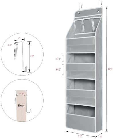 Univivi 5-Shelf Fabric Door Storage Over Door Hanging Organizer with 4 Large Pockets and 3 Small PVC Pockets Nursery Closet Cabinet Wall Mount Hanging Storage Organizers for Baby Nursery (Grey)