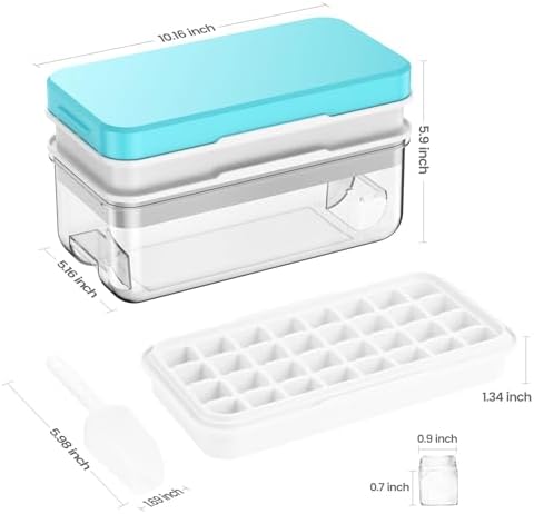 Ice Cube Tray with Lid and Bin, PHINOX 64 pcs Ice Trays for Freezer, Ice Cube Trays for Freezer with 2 trays, Container, Lid & Ice Scoop, BPA Free