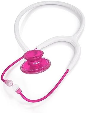 MDF Instruments, Acoustica Lightweight Stethoscope for Doctors, Nurses, Students, Home Health Use, Adult, Dual Head, White Tube, Pink Alloy Chestpiece-Headset, MDF747XPPA29