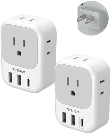 US to Japan Plug Adapter 2 Pack, TESSAN 2 Prong to 3 Prong Outlet Adapter with 4 Outlets 3 USB (1 USB-C), Outlet Adaptor US to Japan China Mexico Philippines Canada Peru Thailand Vietnam