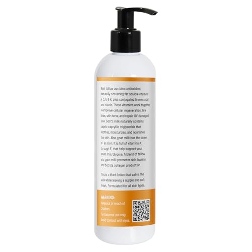 Grass Fed Beef Tallow & Goat Milk Body Lotion for Sensitive Skin, Organic Tallow Lotion - Soothes Dry Patches, Goat Milk Moisturizer - Handmade Tallow Body Lotion (UNSCENTED, 8 Oz)