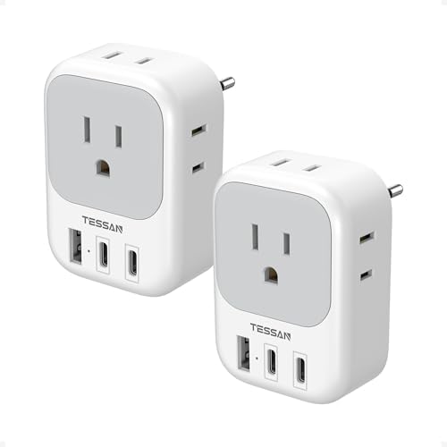 2 Pack European Travel Plug Adapter, TESSAN US to Europe Plug Adapter with 4 Electrical Outlets 3 USB Ports (2 USB C), Type C Power Adaptor for EU International Italy Iceland Spain France Germany