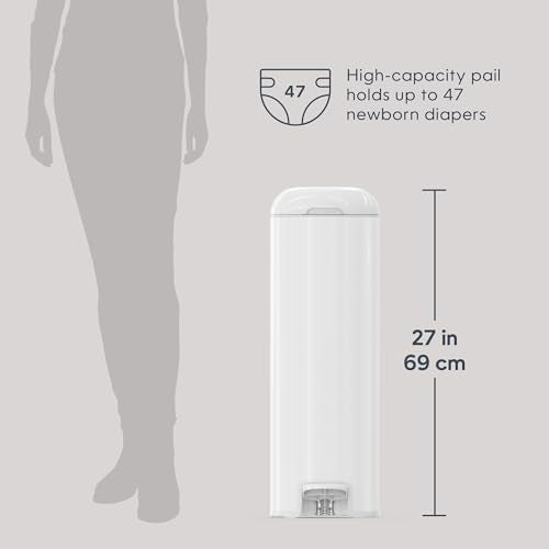 Diaper Genie Platinum Pail (Lilly White) is Made of Durable Stainless Steel and Includes 1 Easy Roll Refill with 18 Bags That can Last up to 5 Months.