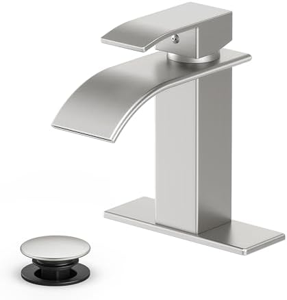 Bathroom Faucet Brushed Nickel Modern Waterfall Bathroom Sink Faucet with Single Handle Suitable for 1 or 3 Holes,Supply Deck Plate and Hose