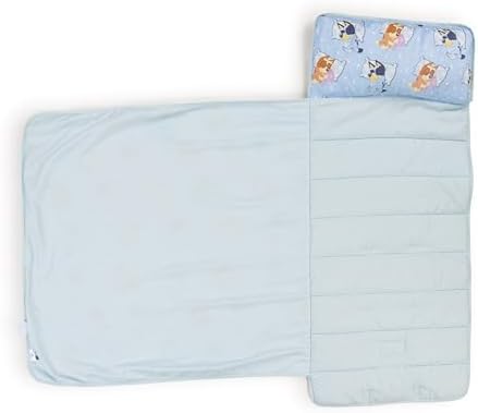 Jay Franco Toddler Nap Mat with Built-in Pillow and Blanket - Soft 46 x 20-inch Microfiber Kids Sleeping Bag for School or Sleepover, Blue - Bluey & Bingo