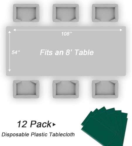 QIKSION 12 Pack Dark Green Plastic Tablecloths, Rectangular, 54 x 108 Inches, Fits 6 to 8 Foot Tables, Disposable, Perfect for Parties, Weddings, Birthdays, and More
