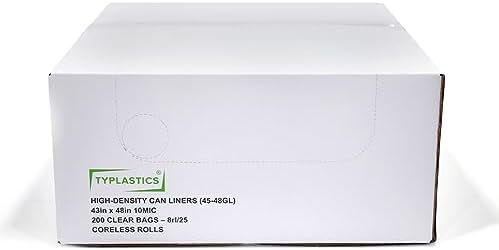 TYPLASTICS 45-48 Gallon Clear Trash Can Liners - 43" x 48" - High Density Garbage Bags - 200 Pack - Multipurpose for Office, Yard, Recycling, Industrial and Commercial