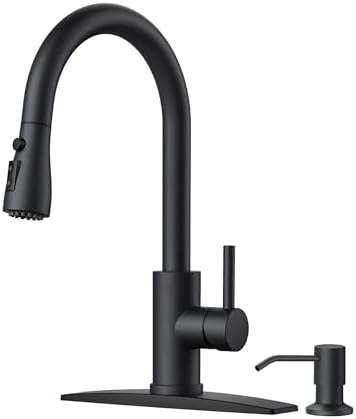 FORIOUS Black Kitchen Faucet with Soap Dispenser and Pull Down Sprayer, Bar High Arc Single Handle Classic 3 Modes Stainless Steel Faucet for Kitchen Sink Farmhouse RV Laundry Camper