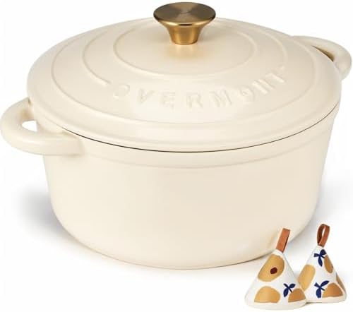 Overmont Enameled Cast Iron Dutch Oven - 5.5QT Pot with Lid Cookbook & Cotton Potholders - Heavy-Duty Cookware for Braising, Stews, Roasting, Bread Baking white