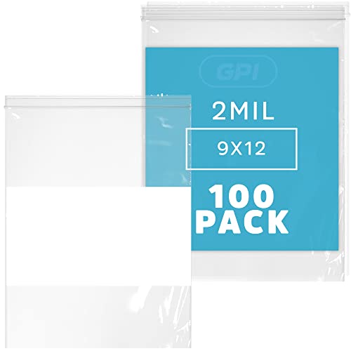 GPI Pack of 100 9" X 12" Clear Plastic Reclosable Zip Bags - Bulk 2 Mil Thick Strong & Durable Poly Baggies with Resealable Zipper Top Lock & Write-on White Block, for Storage, Packaging & Shipping