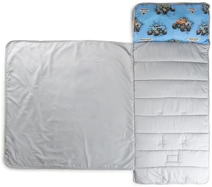 Jay Franco Toddler Nap Mat with Built-in Pillow and Blanket - Soft 46 x 20-inch Microfiber Kids Sleeping Bag for School or Sleepover, Blue - Monster Jam