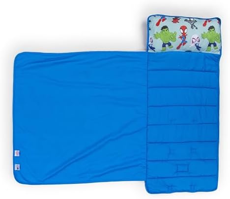 Jay Franco Toddler Nap Mat with Built-in Pillow and Blanket - Soft 46 x 20-inch Microfiber Kids Sleeping Bag for School or Sleepover, Blue - Spidey & His Amazing Friends