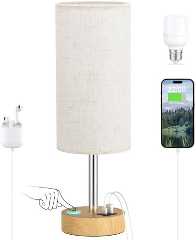 Touch Bedside Table Lamp with USB - 3 Way Dimmable Wood Lamp for Bedroom Nightstand, Desk Lamp with Charging Station for Dorm, Living Room, Office, Kids Room, Nursery, Small