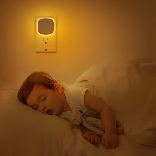 AUVON Plug-in LED Backlit Night Light with Motion Sensor & Dusk to Dawn Sensor, Dimmable Amber Nightlight with 1-50 lm Adjustable Brightness for Bedroom, Bathroom, Stairs, Hallway (4 Pack)