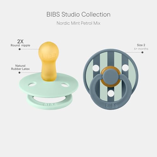 BIBS Pacifiers - Colour Studio 2 Pack | Round Nipple Baby Pacifier | BPA Free Natural Rubber Latex Soother | Made in Denmark | Size 6+ Months | Block Nordic Mint Petrol