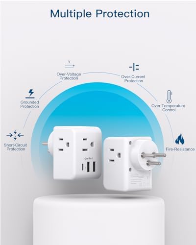 2 Pack Israel Power Adapter, One Beat Israel Travel Plug Adapter with 3 American Outlets 3 USB Ports(1 USB C), 6 in 1 Type H Travel Adapter Plug Converter for US to Israel, Jerusalem, Palestine