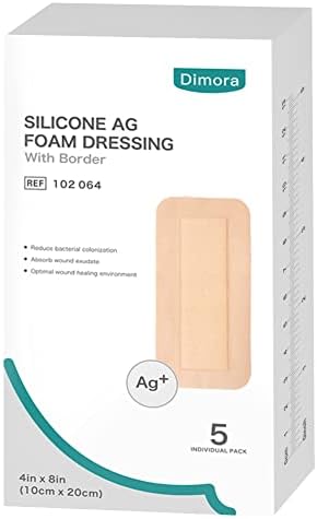 Dimora Silicone Foam Dressing Silver Ag 4"x 8" Adhesive Absorbent First Aid Bandage for Wound Care Pads 5 Packs
