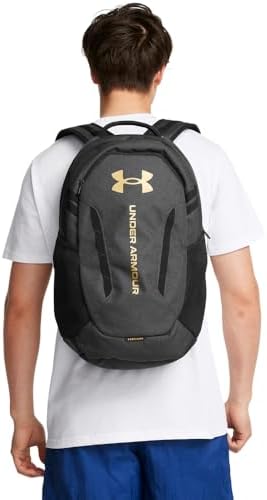 Under Armour Unisex-Adult Hustle 6.0 Backpack, (005) Black Full Heather/Black/Metallic Gold, One Size Fits Most