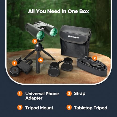 Adorrgon 15x45 HD Binoculars for Adults High Powered with Phone Adapter, Tripod and Tripod Adapter - Large View Binoculars with Clear Low Light Vision for Bird Watching Cruise Travel
