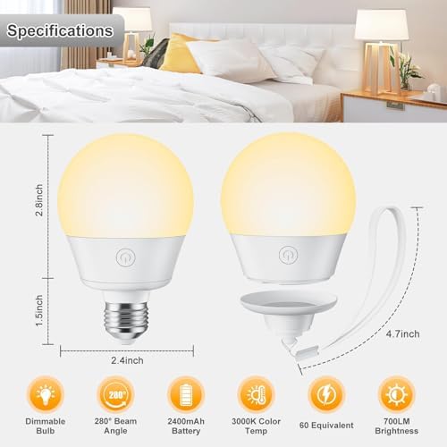 Brightown E26 Rechargeable Light Bulb with Remote and Timer, Battery Backup Bulb for Sconces and Lamps, Magnetic Bulbs for Non-Hardwired Fixture, 3 Color Temperatures + 9 RGB Colors, Dimmable, 2 Pack