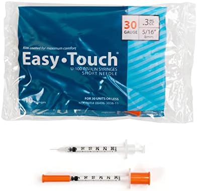Easy Touch U-100 Insulin Syringe with Needle, 30G 0.3cc 5/16-Inch (8mm), Box of 100