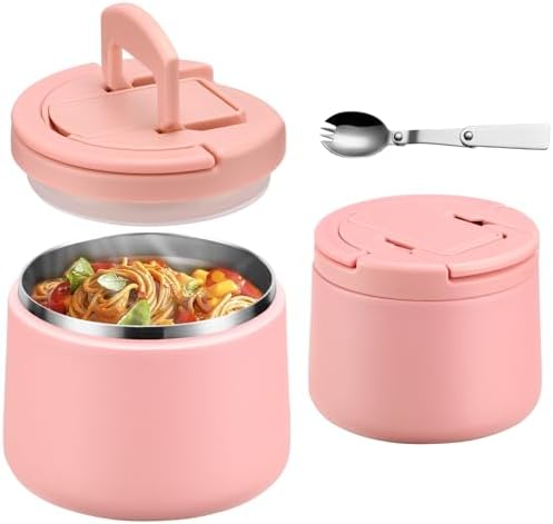 14oz Insulated Vacuum Food Jar with Buckle Lid,Soup Thermo for Hot Food Kids,Wide Mouth Leakproof Stainless Steel Lunch Container with Spoon-Pink