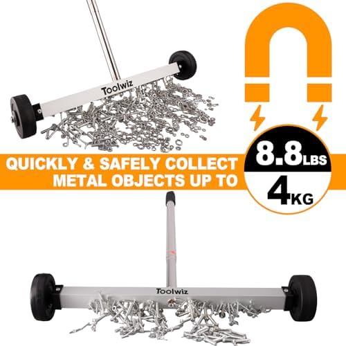 Toolwiz Magnetic Pick Up Sweeper 17-inch Heavy Duty Magnet Pickup Lawn Sweeper Roofing Tools, 8.8 Lbs Yard Magnet with Telescoping Holder and Wheels to Pick Up Nails Magnetic Sweeper for Construction