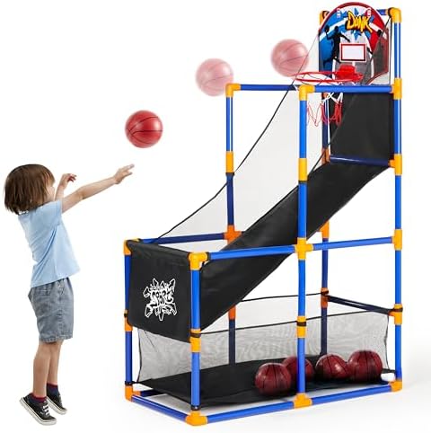 JOYIN Arcade Basketball Game Set with 4 Balls and Hoop for Kids 3 to 12 Years Old Indoor Outdoor Sport Play - Easy Set Up - Air Pump Included - Ideal for Competition