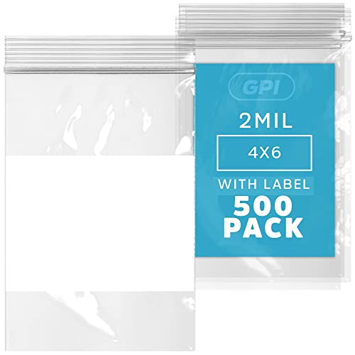 Clear Plastic RECLOSABLE Zip Bags - GPI Pack of 500 4" x 6" 2 mil Thick Strong & Durable Poly Baggies with Resealable Zipper Top Lock & Write-on White Block, for Storage, Packaging & Shipping