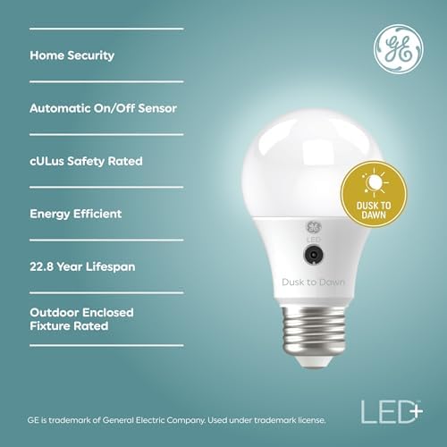 GE LED+ A19 Dusk to Dawn LED Light Bulbs, Automatic On/Off Outdoor Security Light, Soft White (2 Pack)